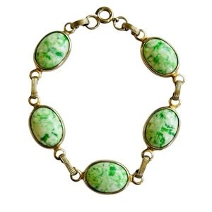 Bracelet VTG Regal Czech Green Glass Cabochon Link Silver Plated Rare Chunky 50s
